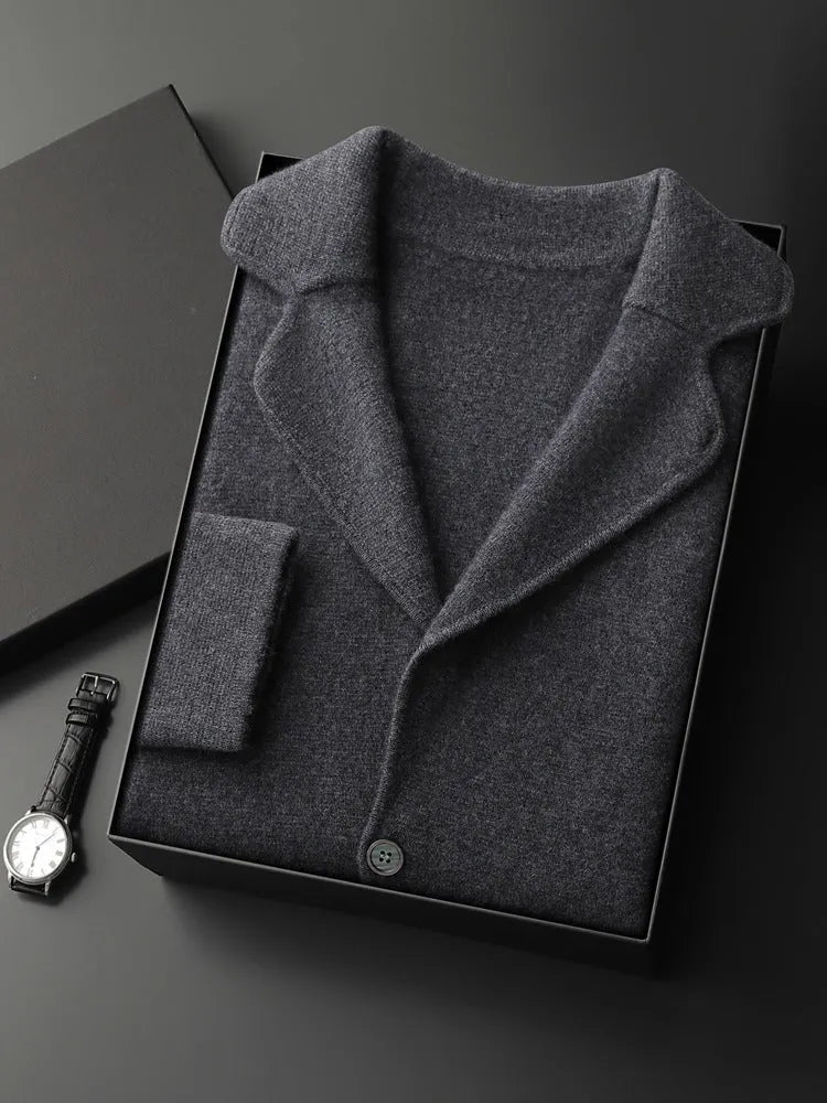 Men's cashmere cardigan jacket in loose fit with thickened knit, shown in light grey colour option