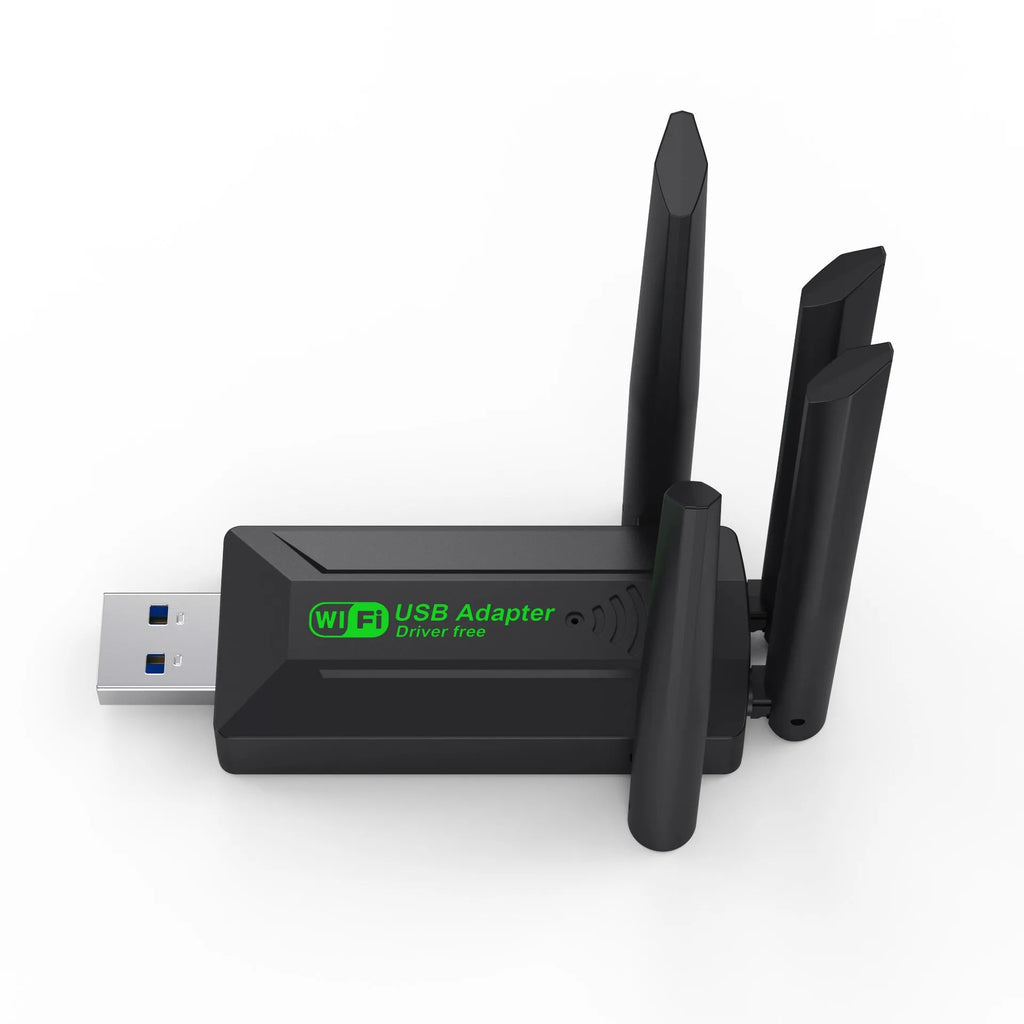 Black USB network transmitter with four extended antennas for wireless signal coverage