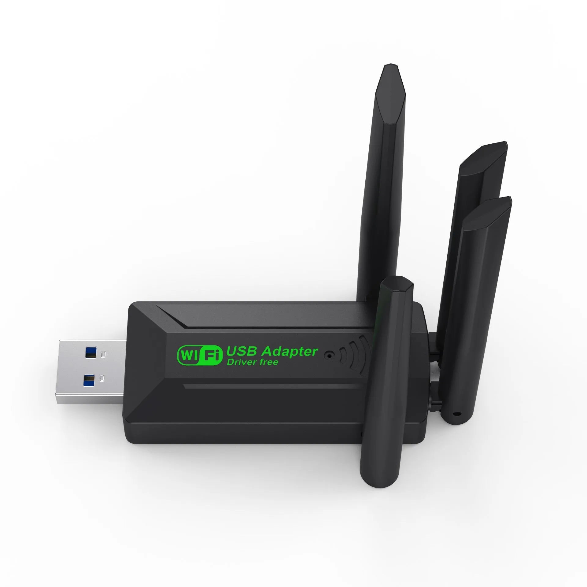 Black USB network transmitter with four extended antennas for wireless signal coverage