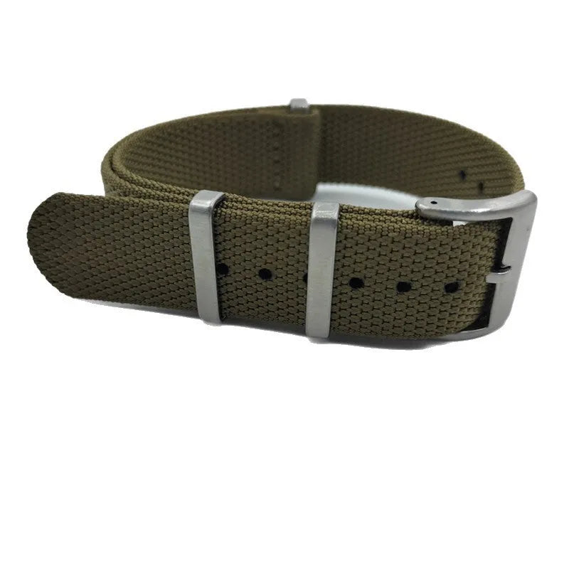 Nylon textile watch strap in army green colour with metal buckle, shown alongside black and blue options.