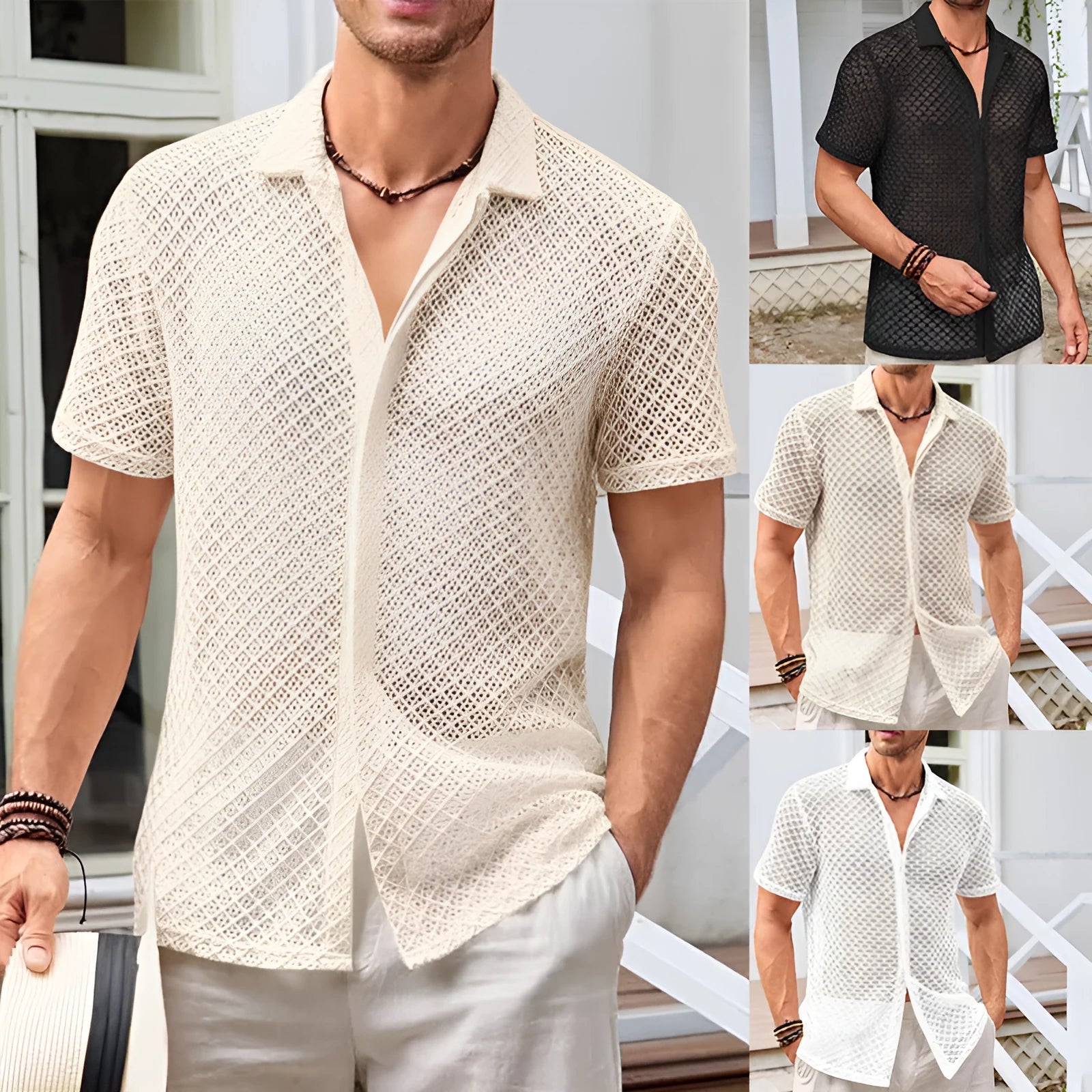 Men's solid colour short sleeve lapel shirt in cotton blend fabric on a hanger.