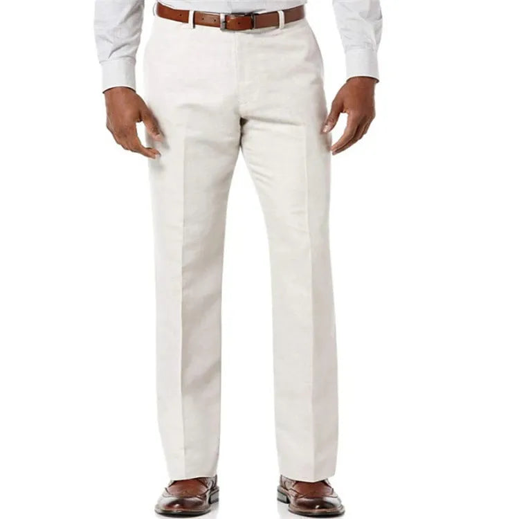 Men's solid colour linen cotton casual trousers with slant pockets laid flat.
