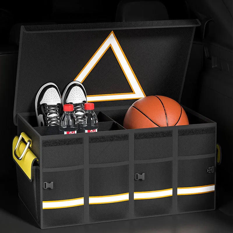 Black and yellow foldable car trunk storage bag with handle in three capacity sizes