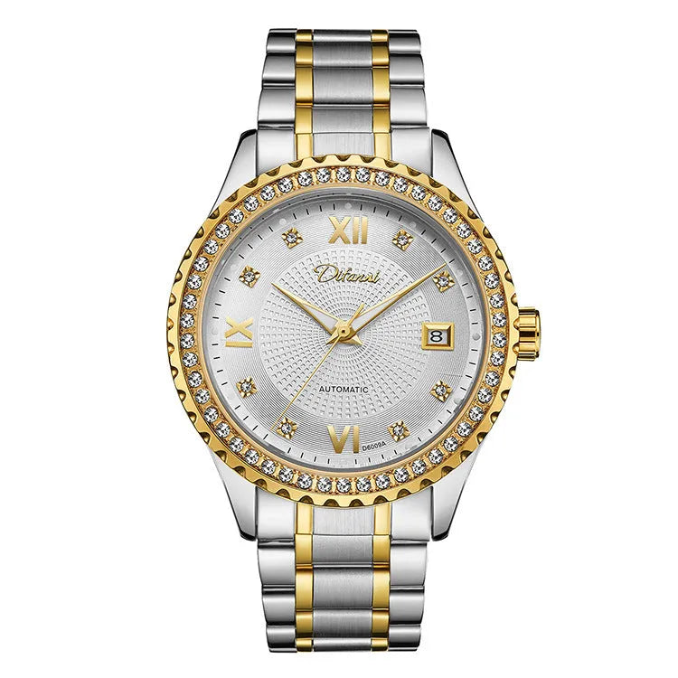 Fashionmonger men's automatic mechanical watch with luminous hands on a gold case with black dial.