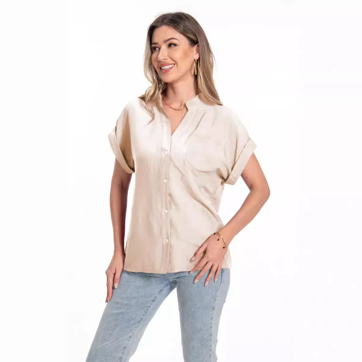 Women's loose fit stand collar button short sleeve top in Army Green colour
