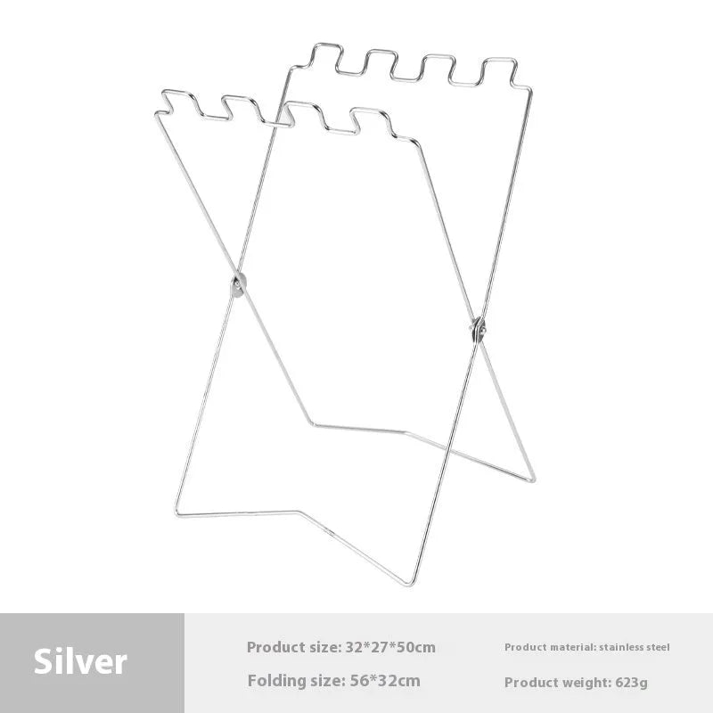 Stainless steel folding garbage bag bracket in black and silver colours for camping use