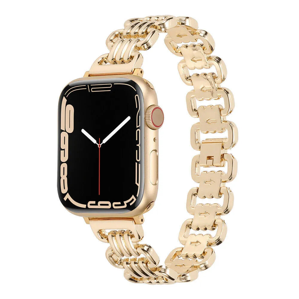 Alloy metal Apple Watch bracelet in silver, black, gold, rose gold and Starlight colours for 38mm to 49mm models.