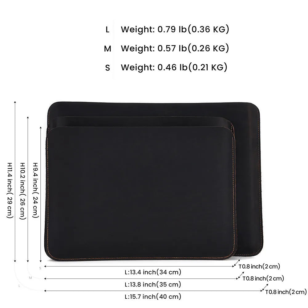 Brown horizontal computer liner bag made from cowhide leather showing laptop storage compartment