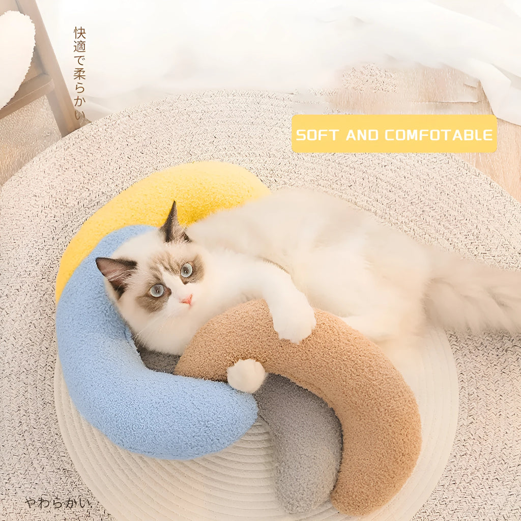 U-shaped blue cat pillow with adjustable collar for cervical support