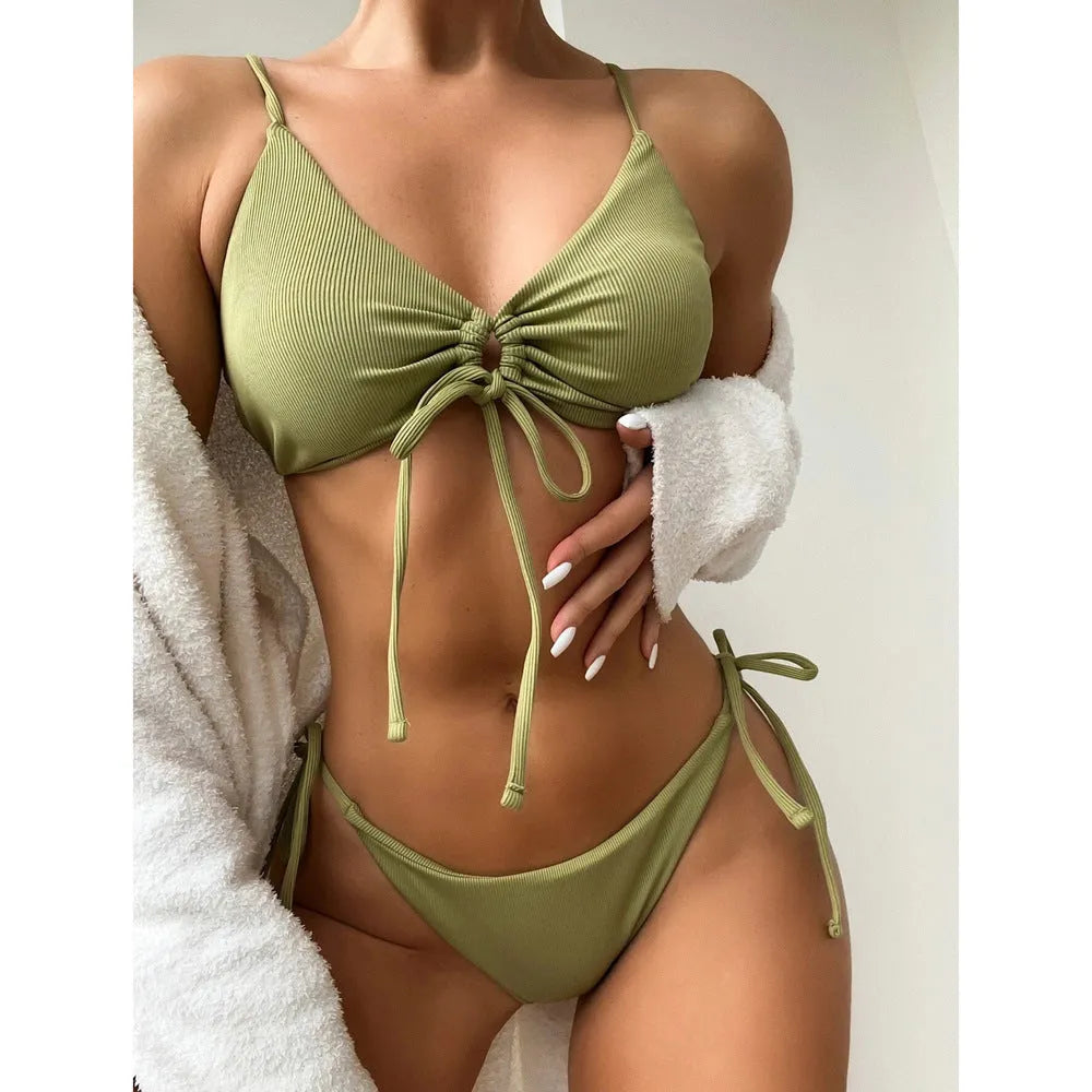 Women's solid colour bikini set with drawstring waist in quick-dry fabric showing eight colour options