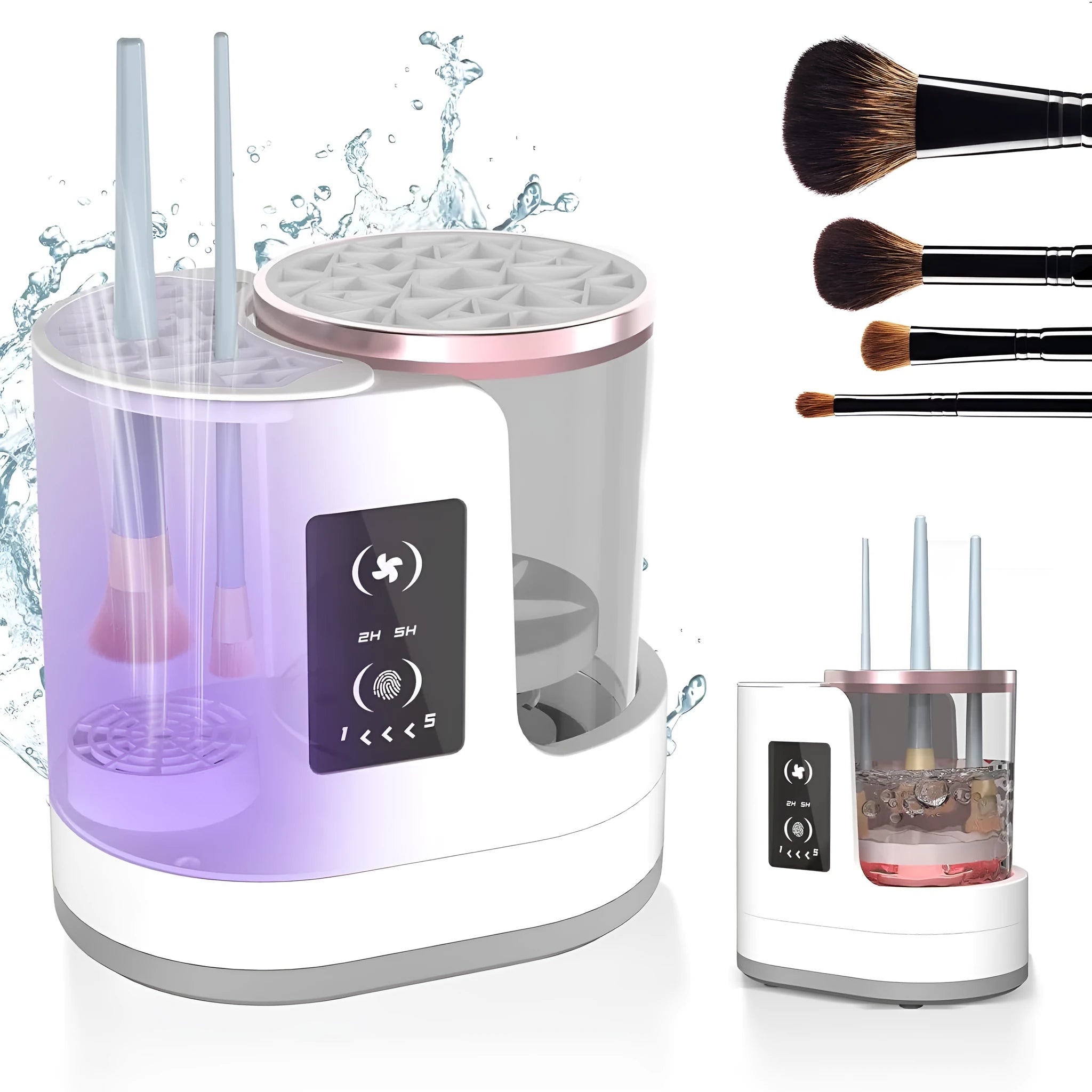 White electric makeup brush cleaner with drying chamber on a table, next to makeup brushes.