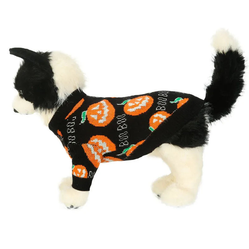 Black Halloween dog sweater with orange pumpkin pattern, showing Velcro strap closure at back