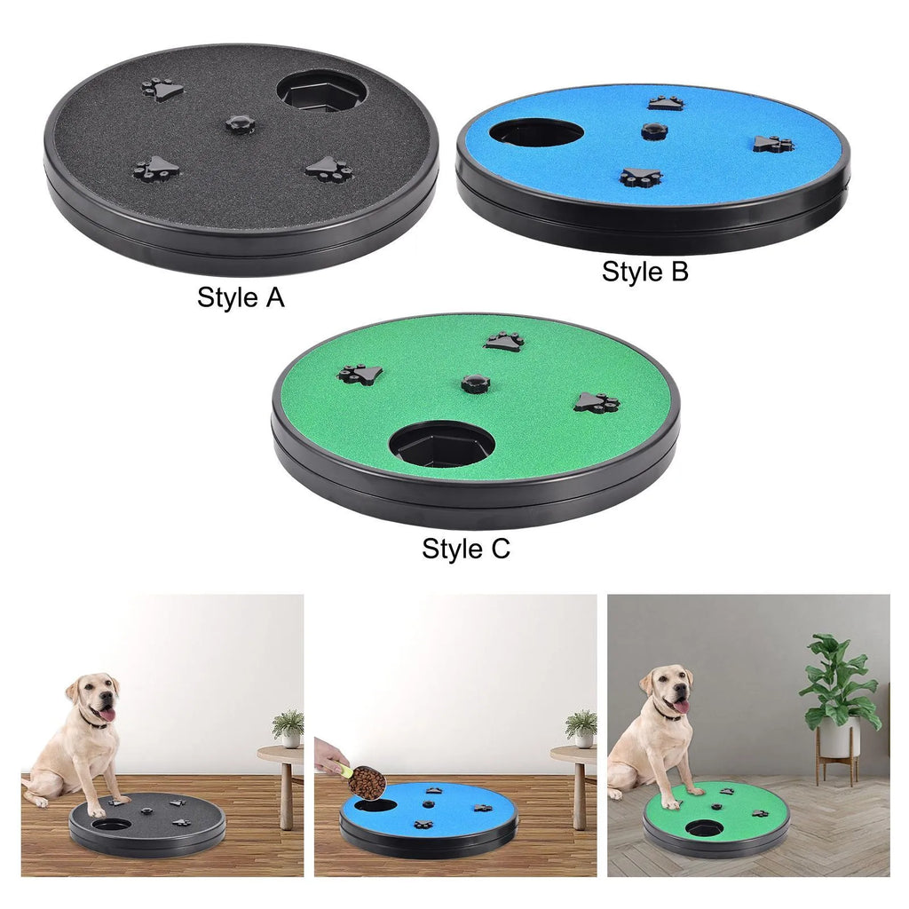 Square dog scratch pad with rotatable top cover showing food compartments and textured scratching surface