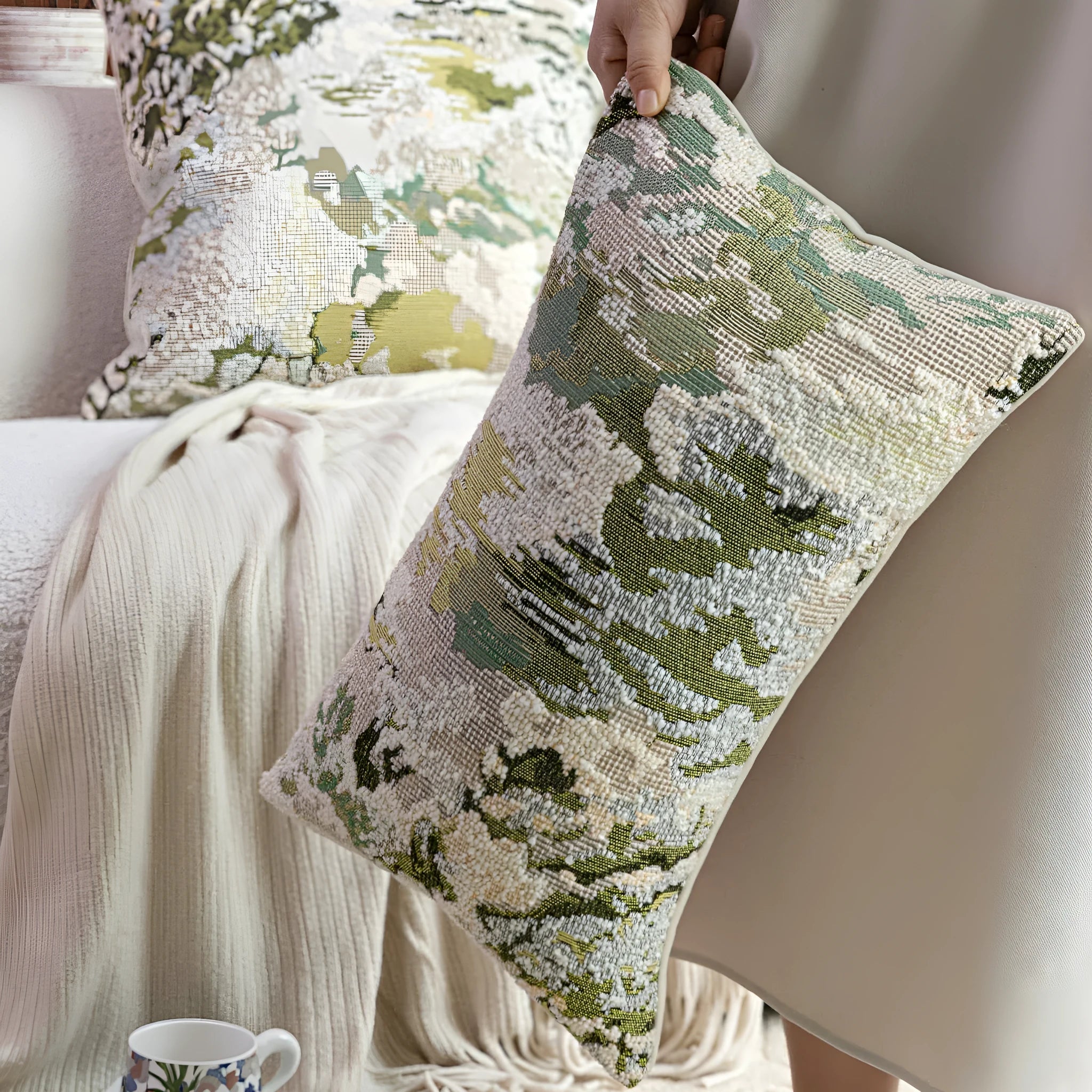 Green wool blend cushion cover with a spring flowers botanical pattern, shown in square and lumbar sizes.