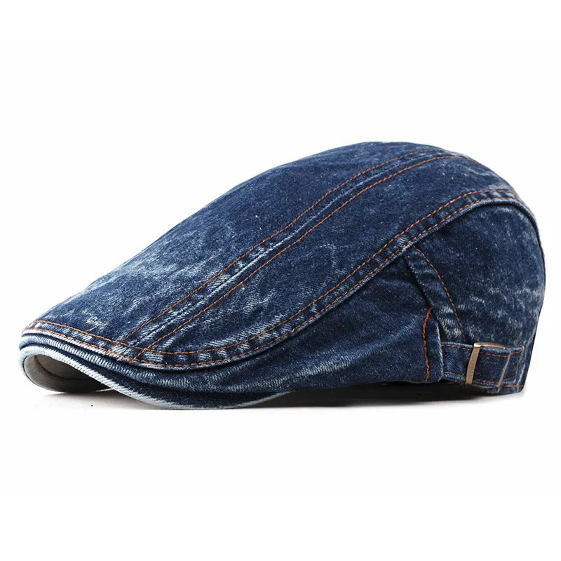 Fashion wash cotton denim beret with flat top, curly brim, and tie-dye pattern in dark denim blue colour