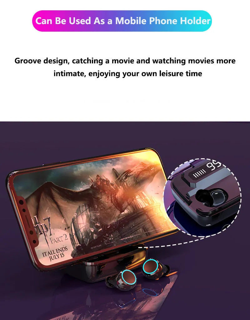 Black M11 style Bluetooth wireless headset with digital display and charging case