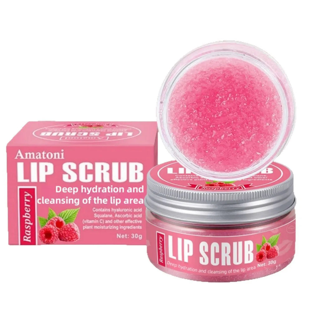 Amatoni fruit flavour lip scrub cream in 30g pot with exfoliating moisturising nourishing care