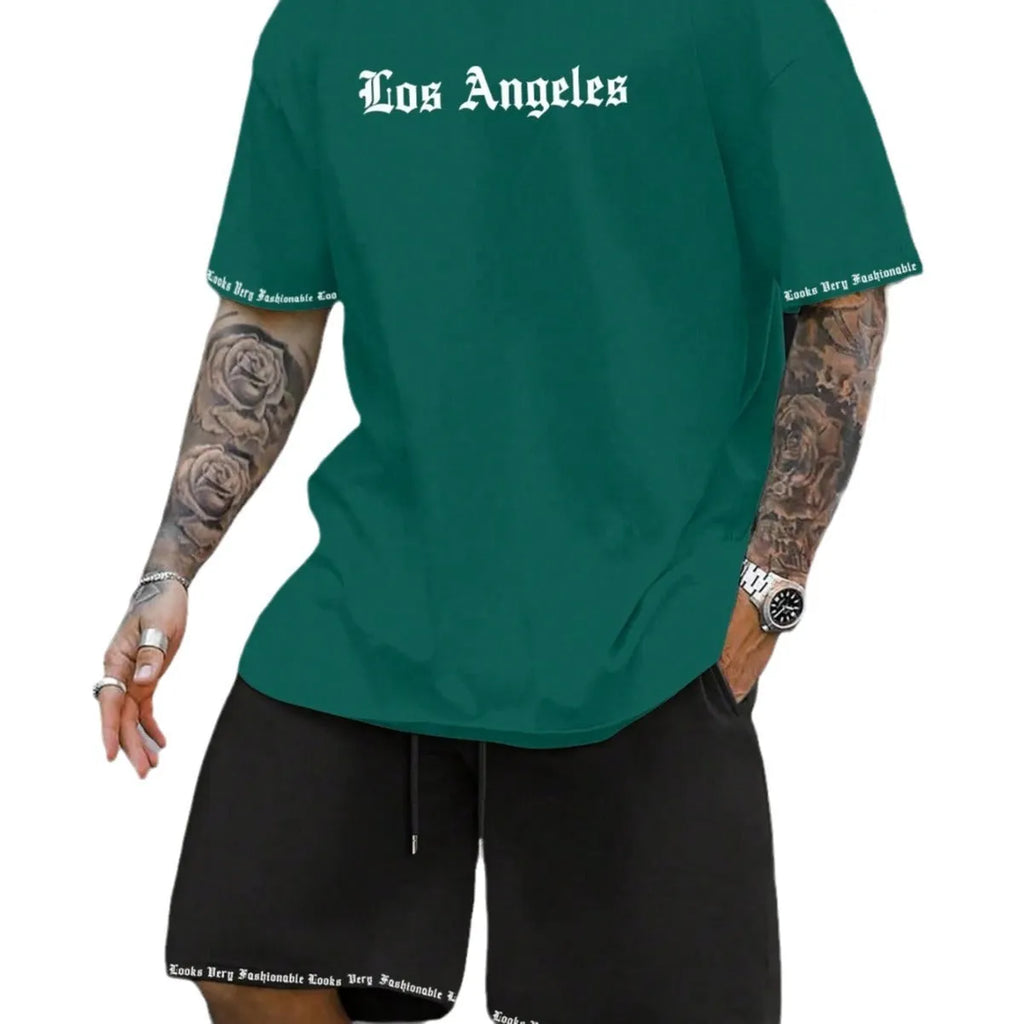 Men's blue printed short sleeve top and matching shorts sports set laid flat