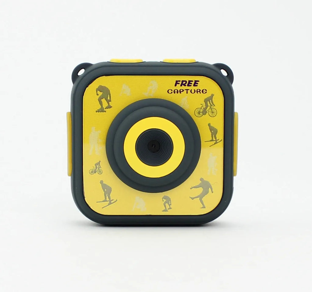 Yellow children's waterproof sports camera showing front with lens and 1.77-inch LCD screen