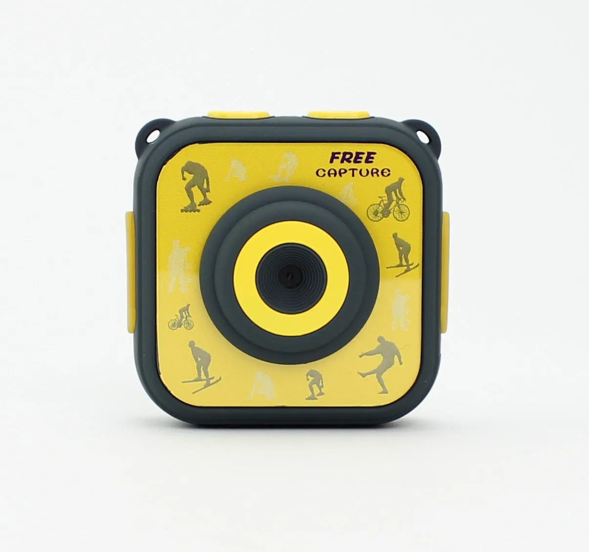 Yellow children's waterproof sports camera showing front with lens and 1.77-inch LCD screen