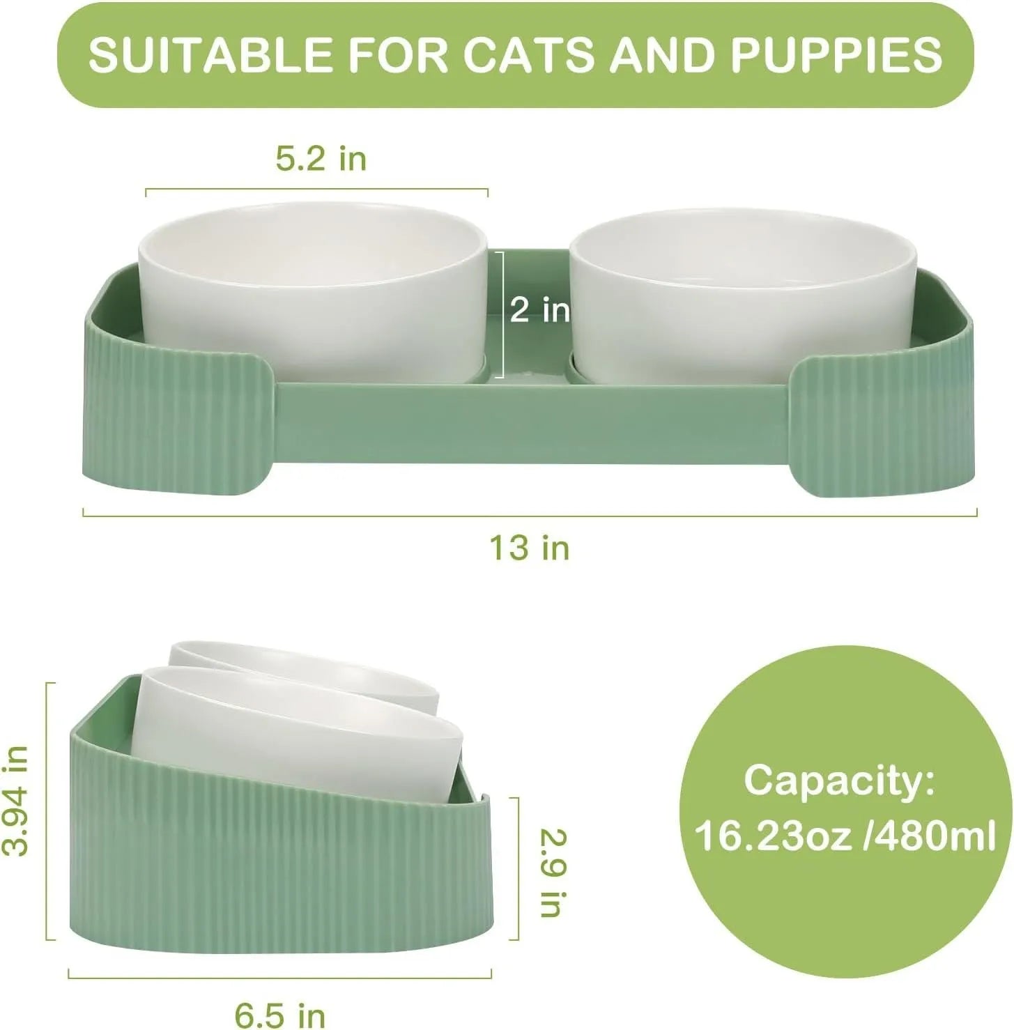 Green ceramic cat bowls on a 15-degree tilted raised stand with a non-slip base.