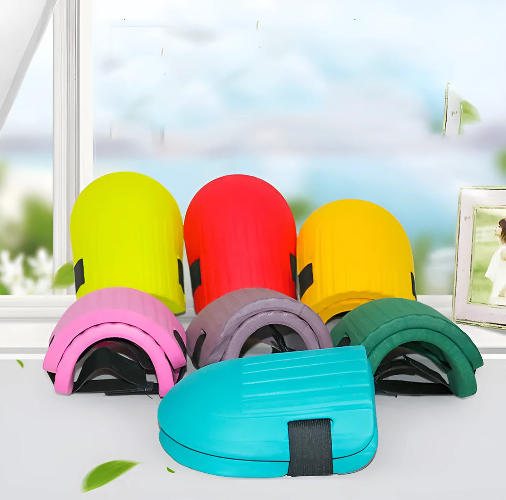 Pair of rectangular EVA foam knee pads in chosen colour on a garden surface