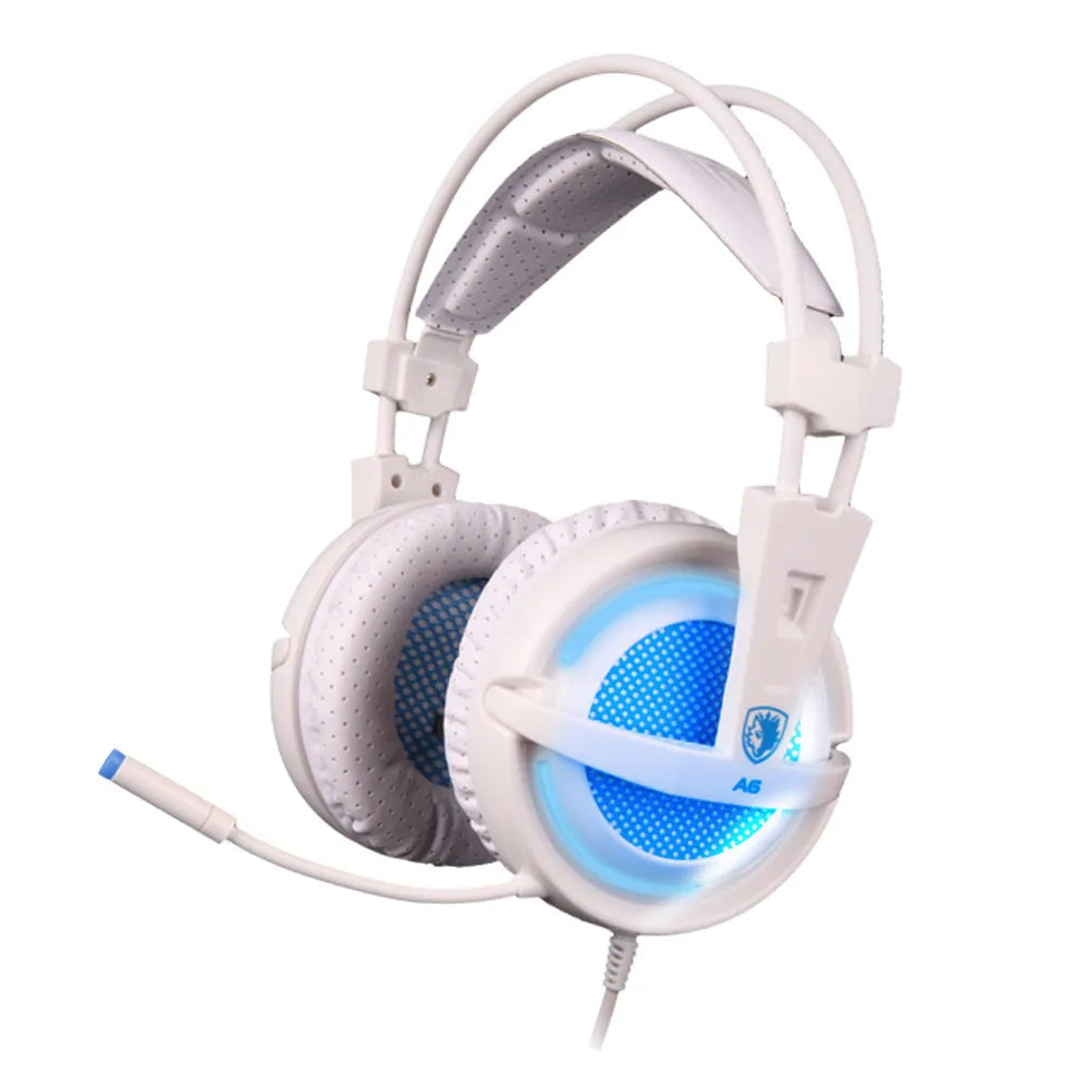 Black and white 7.1 channel USB gaming headset with LED lights on ear cups.