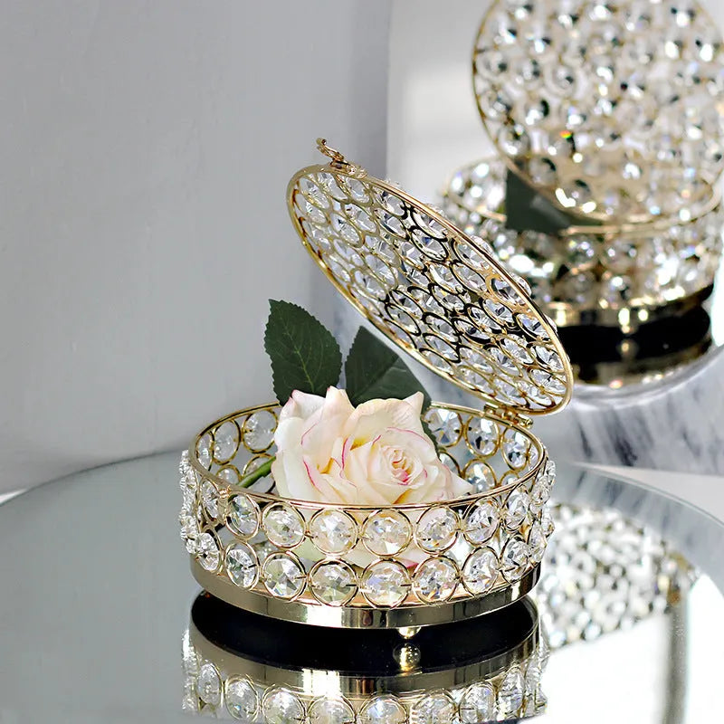Transparent crystal glass jewelry storage box with a French gold metal frame