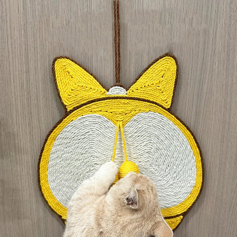 Yellow Corgi-design sisal cat scratching pad with anti-slip base and hanging hooks