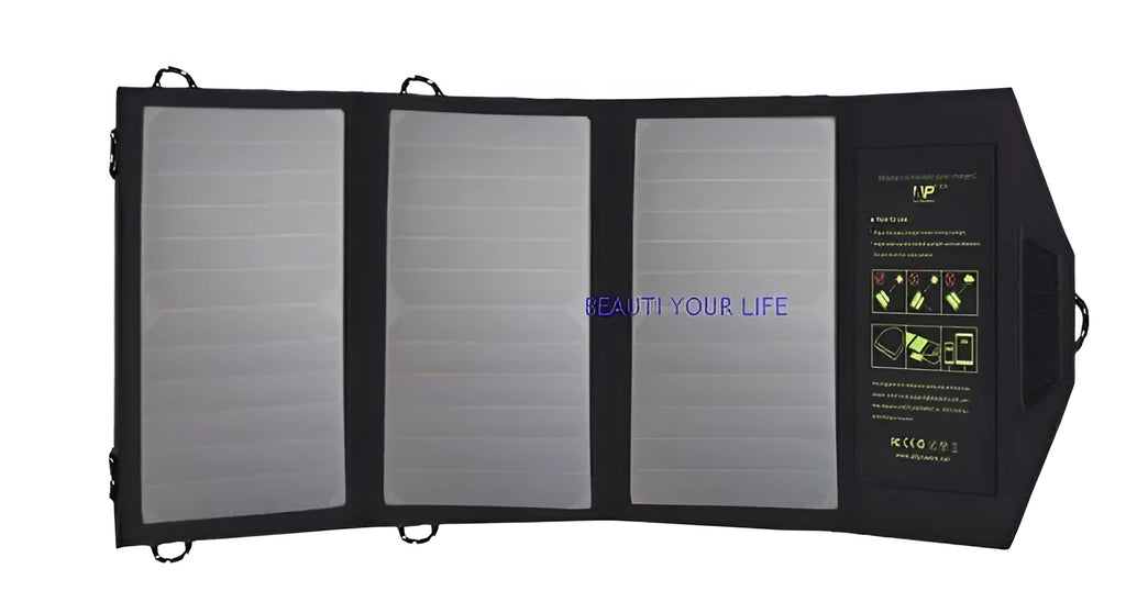 Black foldable solar panel charger with dual USB ports and mounting loops for backpacks