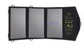 Black foldable solar panel charger with dual USB ports and mounting loops for backpacks