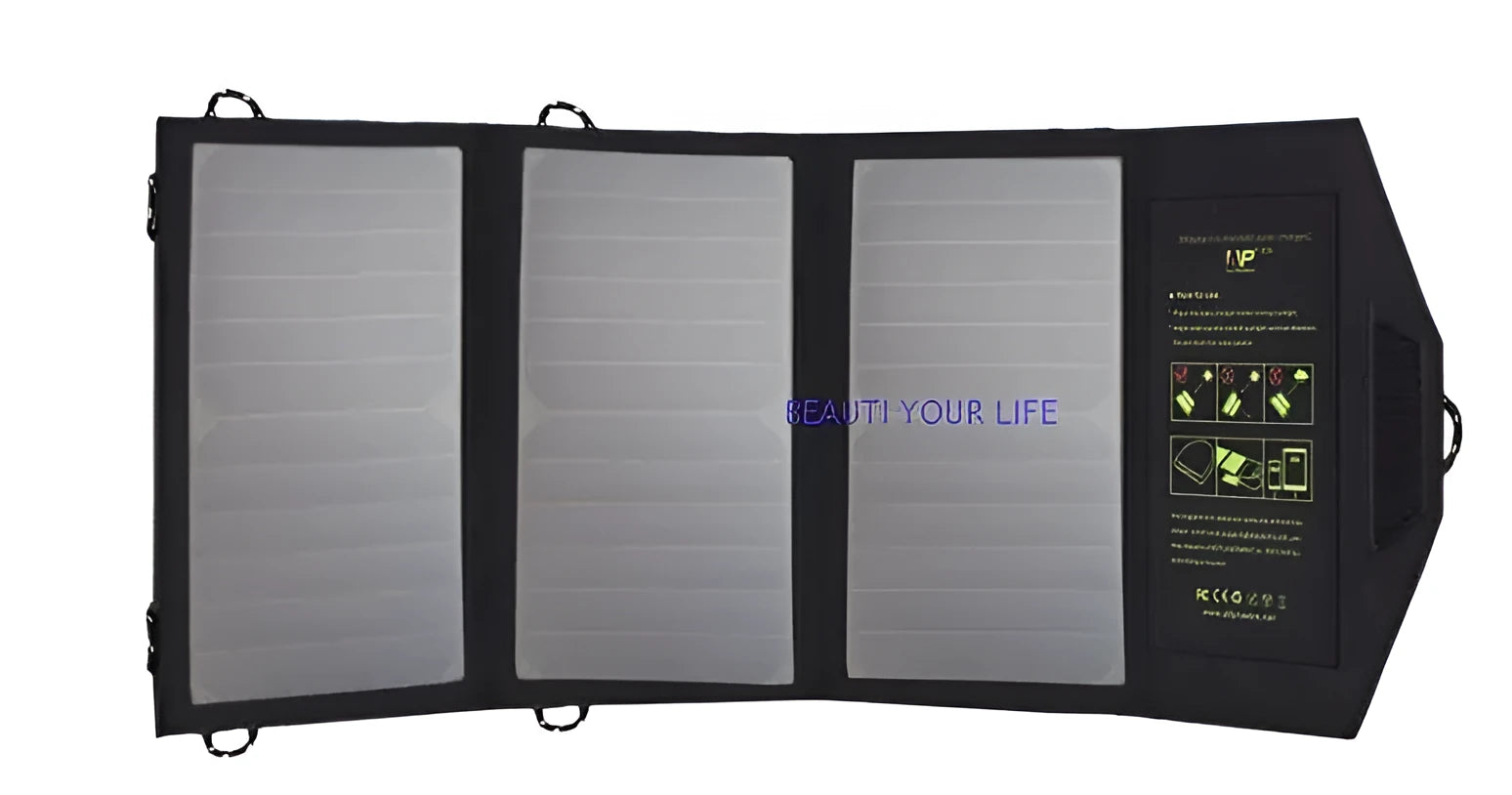 Black foldable solar panel charger with dual USB ports and mounting loops for backpacks