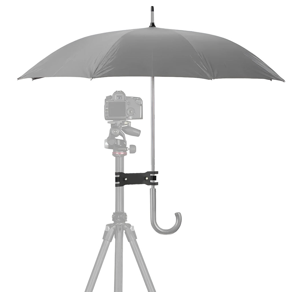 Black ABS plastic umbrella clip attached to an Apple tripod for camera rain protection.