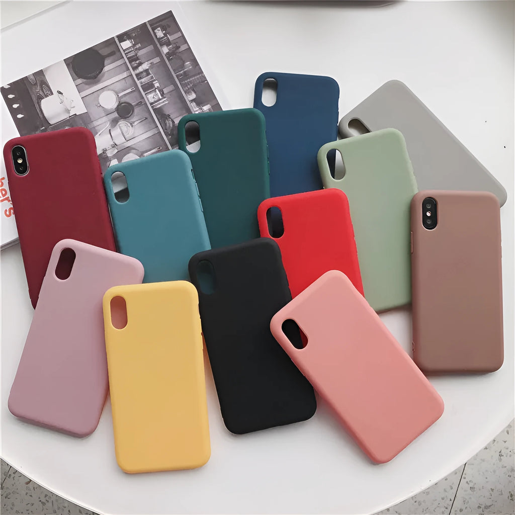 Silicone phone case for iPhone in wine red, light blue, grey, dark green, begonia, rose gold, bean green or black.