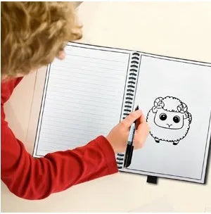 Rewritable paper notebook with black PP cover, spiral binding, and erasable pen on a desk