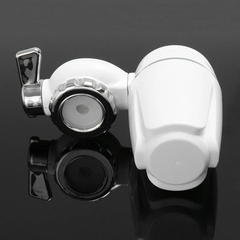 White plastic faucet water filter with switch lever and ceramic cartridge, shown with universal tap adapters.
