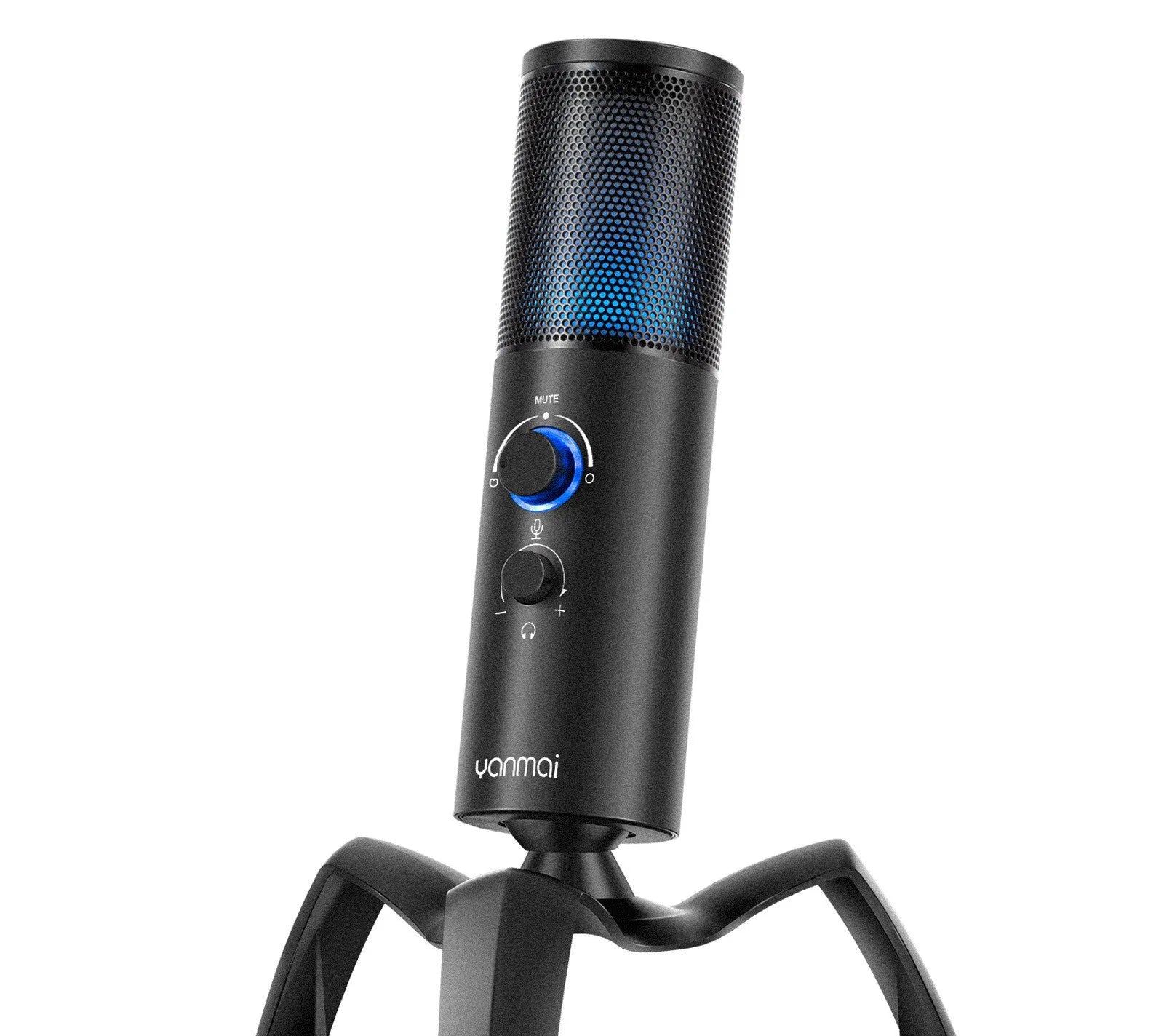 Black Q18 USB condenser microphone with RGB lighting on an adjustable metal tripod.