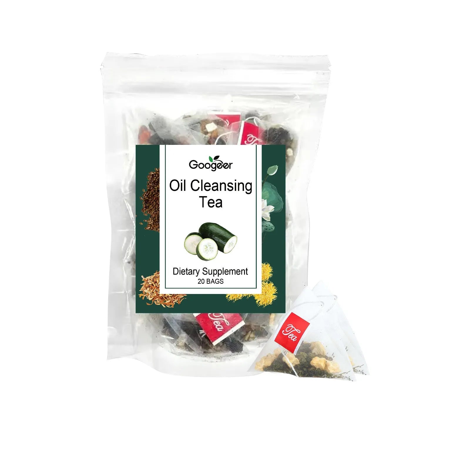 Googeer oil cleansing herbal tea box with twenty tea bags containing six traditional ingredients
