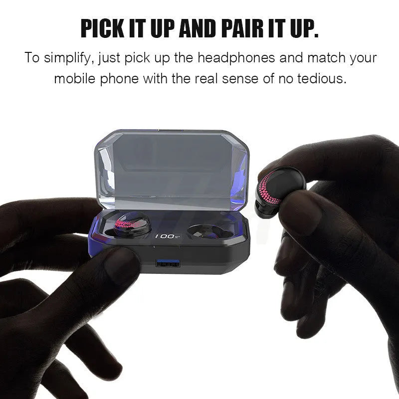 Black X10 wireless Bluetooth headset with charging case showing 150x100x40mm dimensions