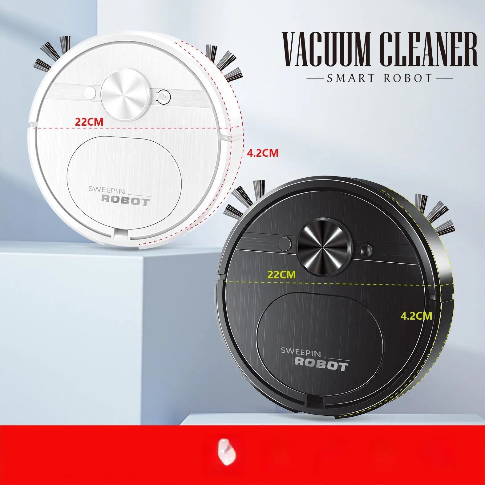 Three-in-one automatic robot floor cleaner with USB charging cable and cleaning accessories on hardwood floor.