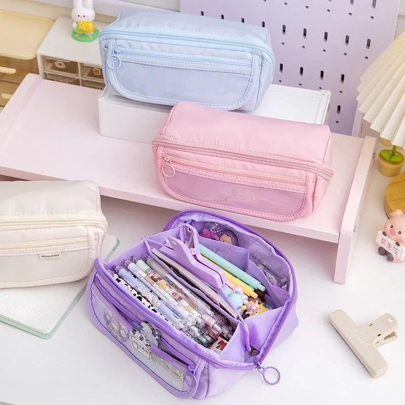 Korean style canvas pencil box with ten-layer flip design open showing multiple compartments for pens and pencils