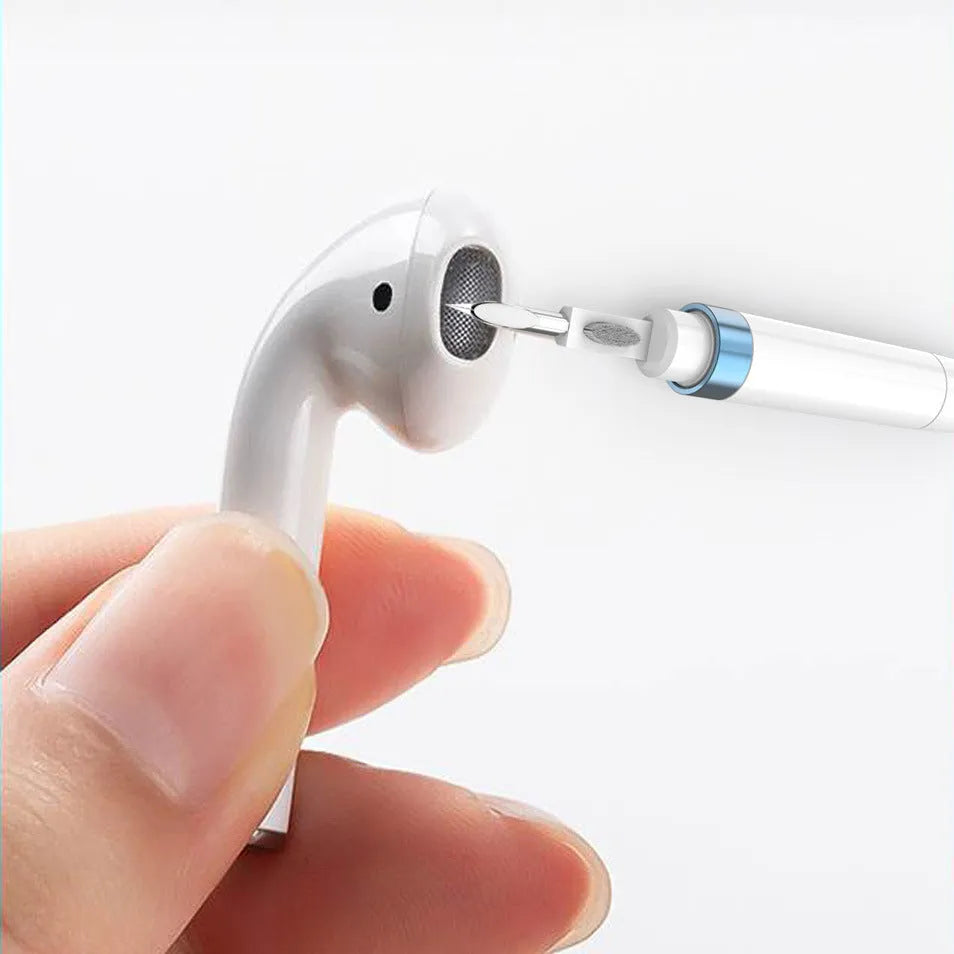 Three-layer electronics cleaning pen with metal nib, sponge and brush for earphones and keyboards