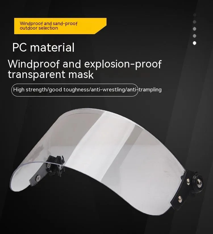 Transparent sports-style helmet visor with windproof lens, showing 30x15cm size and clear frame.