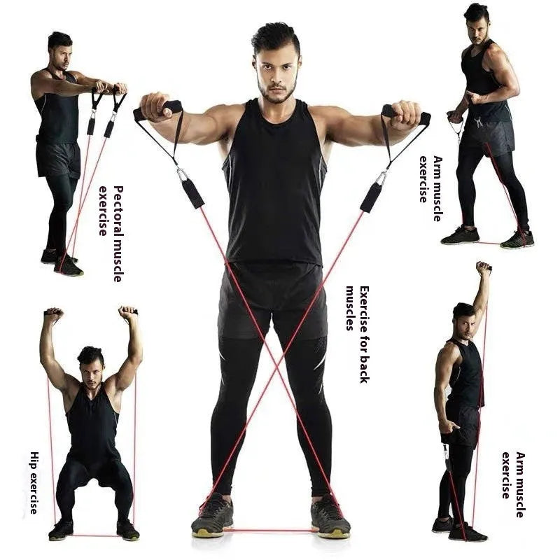 Multi-functional door sports 11-piece fitness set with pulling rope, housed in cloth bag packaging.