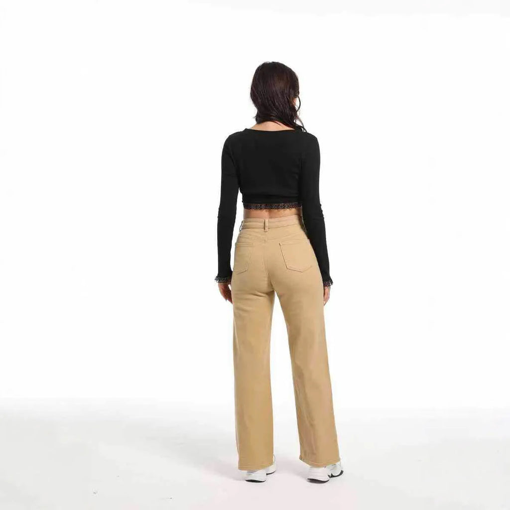 Women's apricot high-waist wide-leg straight jeans made from stretch cotton.