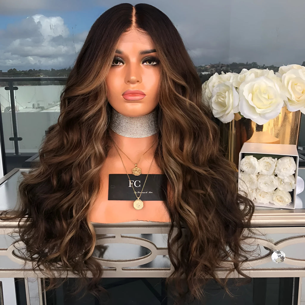 Long brown wig with high temperature wire hairline on a mannequin head