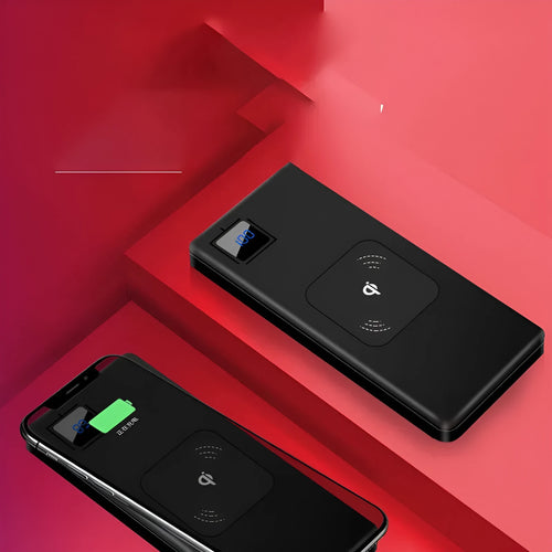 A black portable power bank with an LCD screen showing battery percentage, alongside silver, red, and blue colour options.