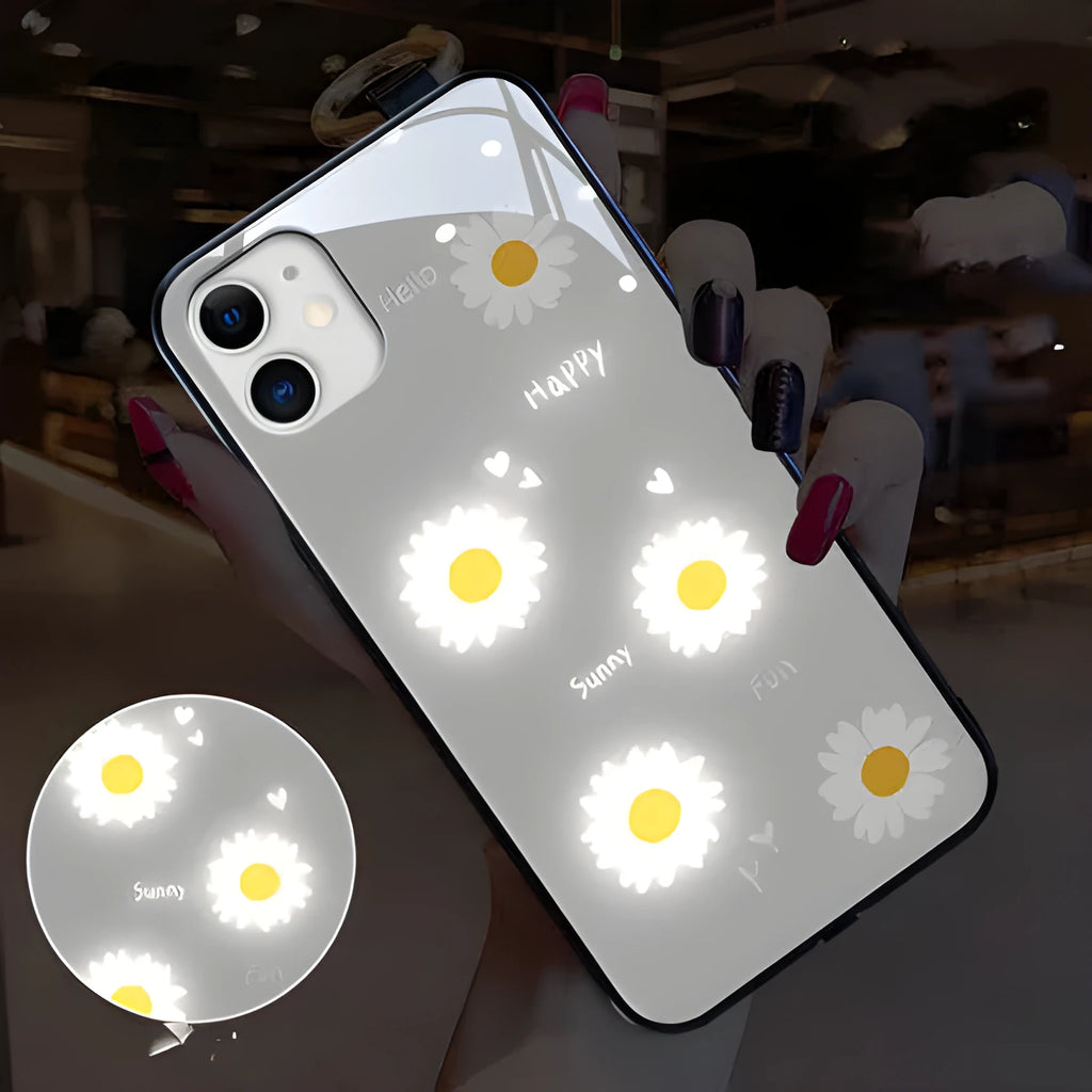 Luminous iPhone case with voice-activated colour light and decorative daisy design on TPU protective shell
