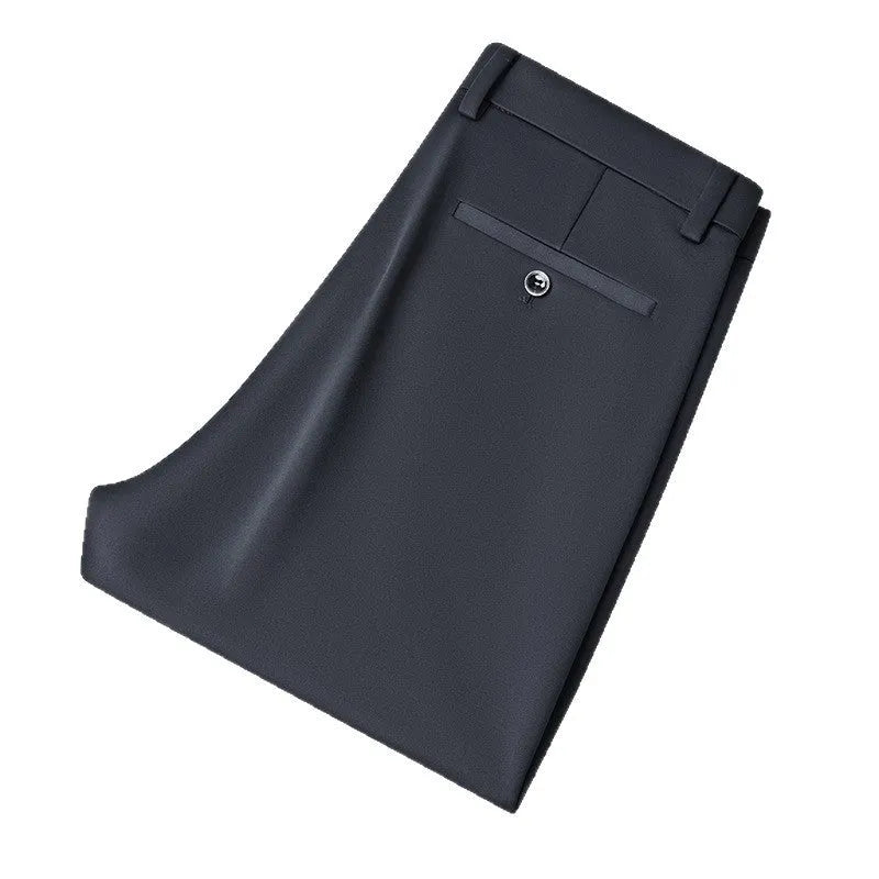 Men's straight-leg suit trousers in plus sizes showing elastic fabric and lining options