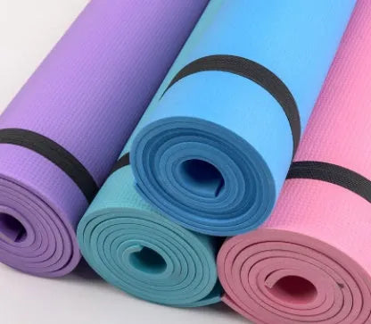EVA yoga mat in blue colour showing 6mm thickness and textured anti-slip surface